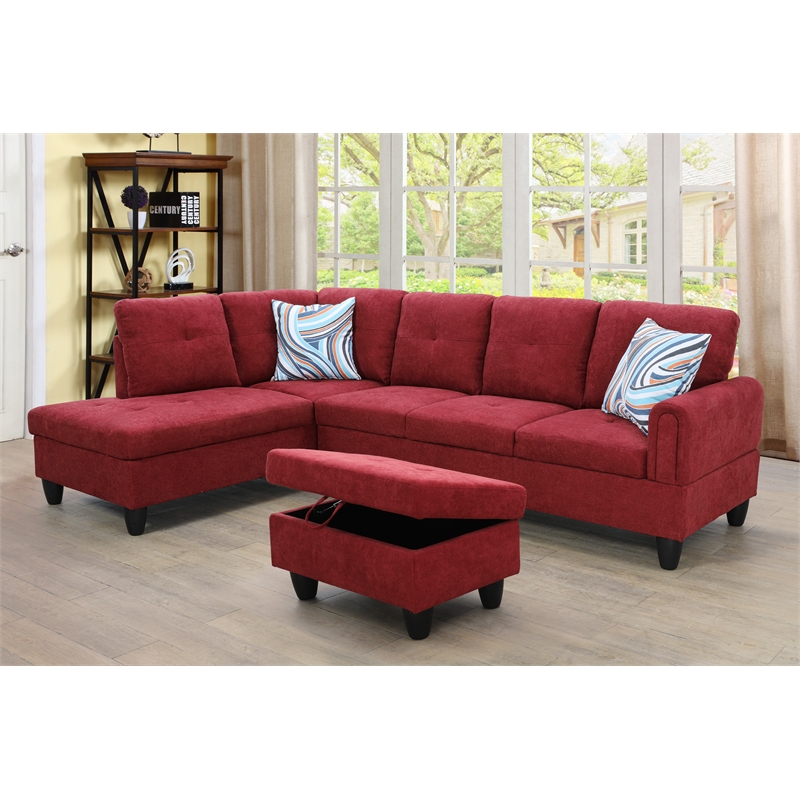 Pemberly Row Contemporary 3PC Sectional Sofa with Ottoman (Red)