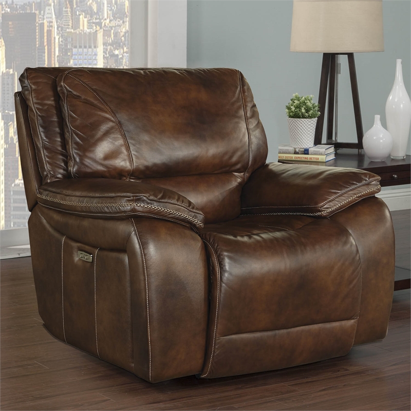 Pemberly Row Transitional Leather Power Recliner in Burnt Sienna