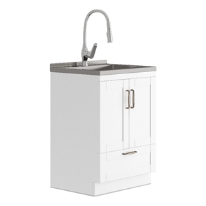 Pemberly Row 24&quot Laundry Cabinet w/ Faucet & Stainless Steel Sink in White