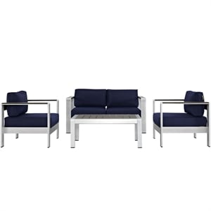 Pemberly Row 4-Piece Outdoor Patio Aluminum Sectional Sofa Set in Silver/Navy