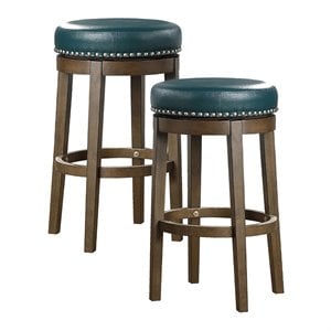 Pemberly Row 29&quot Faux Leather Round Swivel Bar Stool in Green (Set of 2)