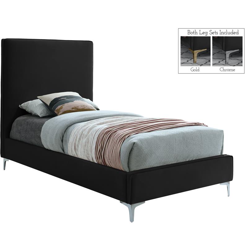 Pemberly Row Black Velvet Twin Bed with Gold and Chrome Legs Included