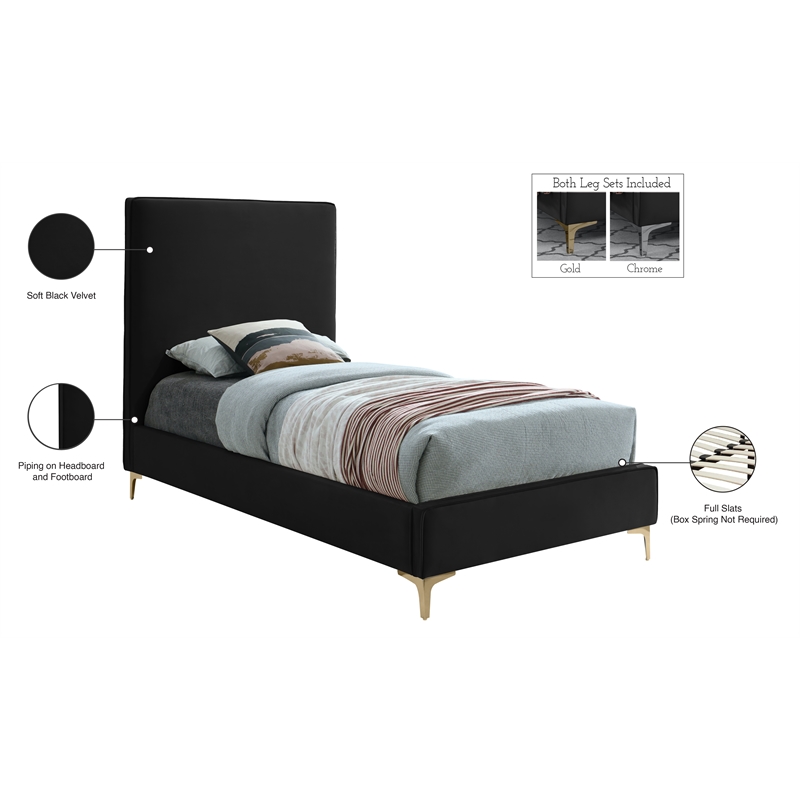 Pemberly Row Black Velvet Twin Bed with Gold and Chrome Legs Included