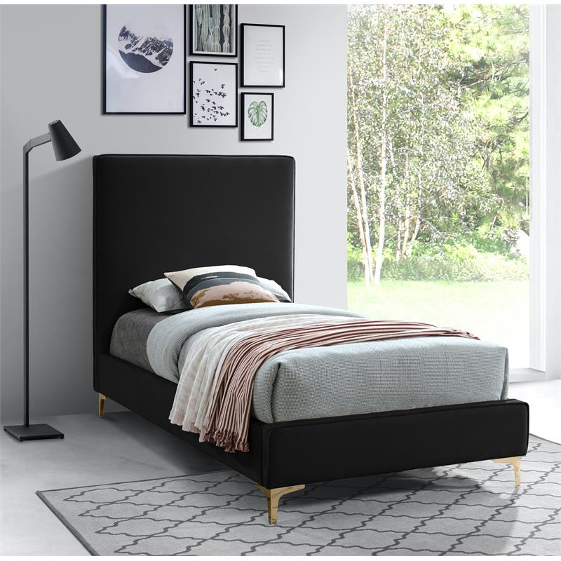 Pemberly Row Black Velvet Twin Bed with Gold and Chrome Legs Included