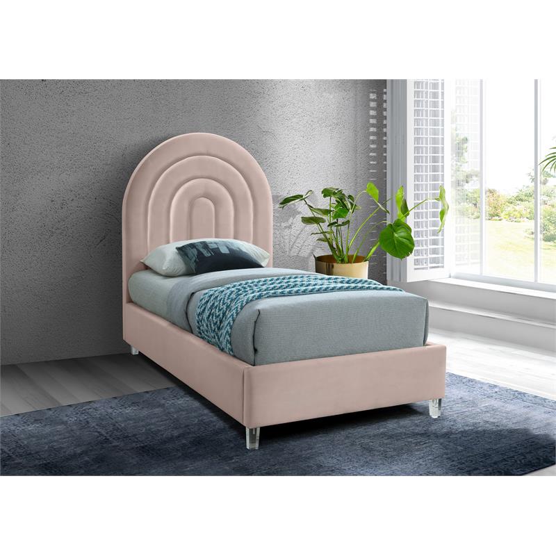 Pemberly Row Contemporary Pink Velvet Twin Bed in Acrylic Finish