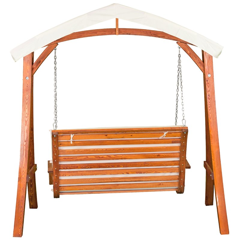 Pemberly Row Wood Outdoor Swing Seater with Canopy in Medium Brown