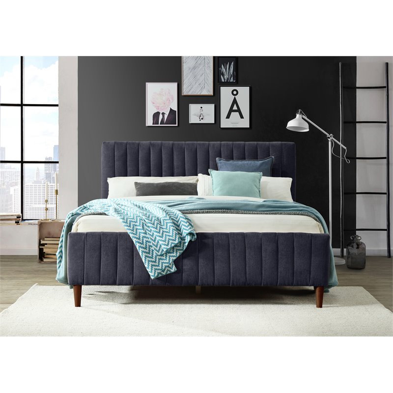 Pemberly Row Wood/Fabric Upholstered Queen Platform Bed in Blue