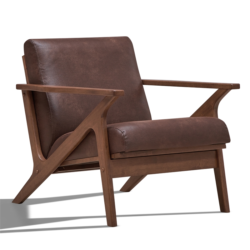 Pemberly Row Solid Wood and Fabric Upholstered Accent Armchair in Brown