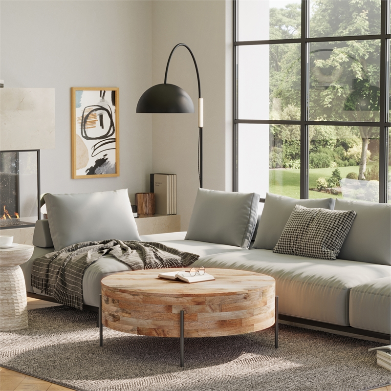 Pemberley Row Mango Wood Natural Coffee Table Round Modern Design 38