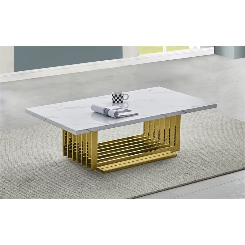 Pemberly Row White Marble Coffee Table with Gold Stainless Steel Base