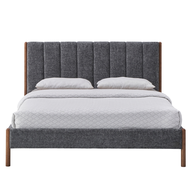 Pemberly Row Upholstered Platform Queen Bed in Dark Gray Fabric