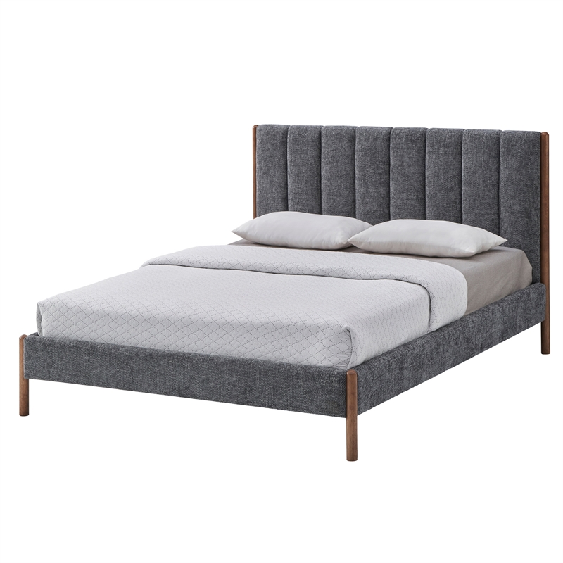 Pemberly Row Upholstered Platform Queen Bed in Dark Gray Fabric