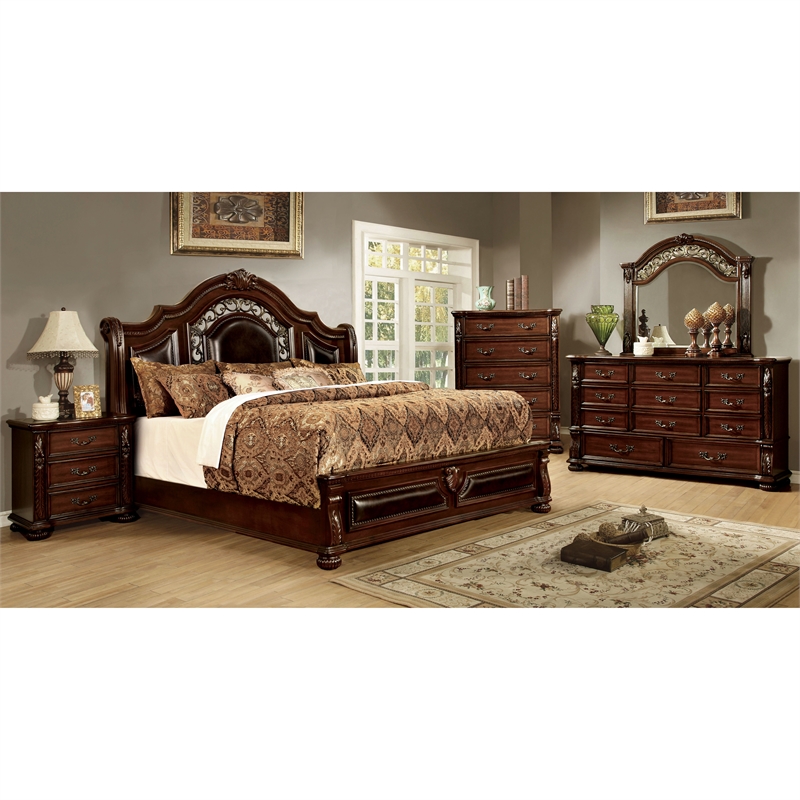 Pemberly Row Modern Solid Wood Panel Queen Bed in Brown Cherry