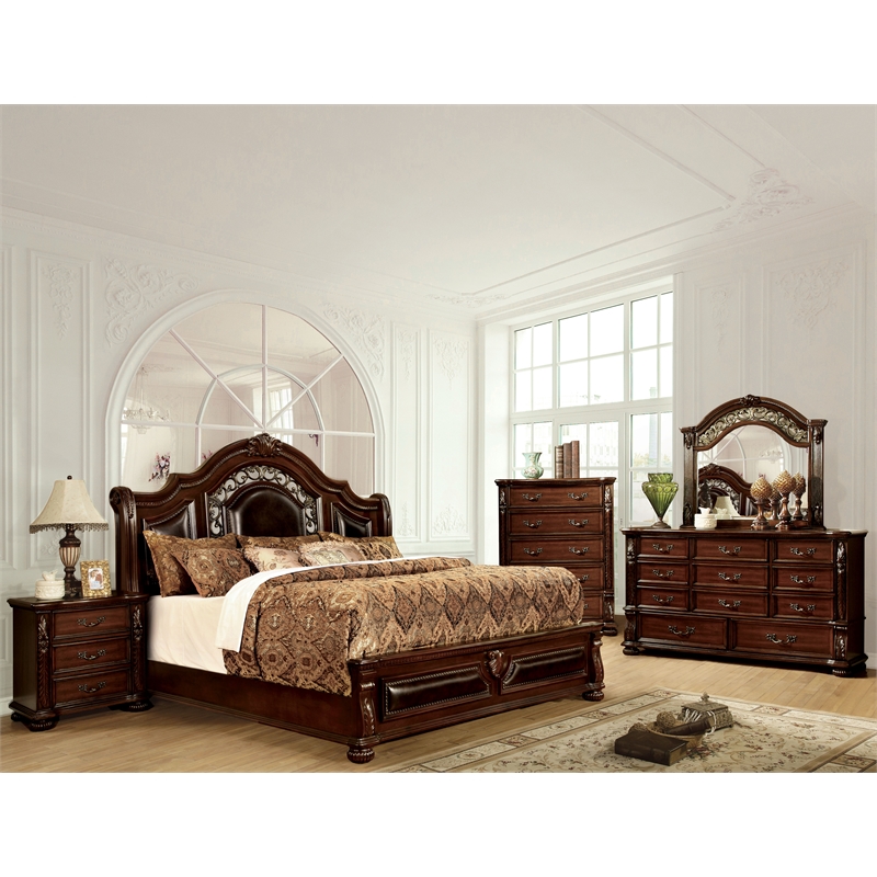 Pemberly Row Modern Solid Wood Panel Queen Bed in Brown Cherry