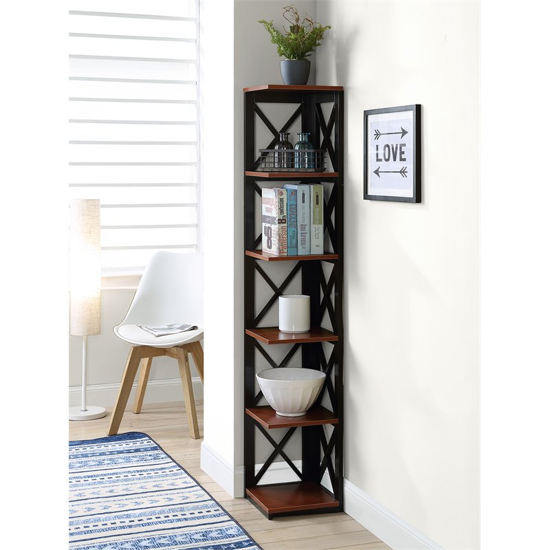 Pemberly Row Five-Tier Corner Bookshelf Bookcase in Cherry and Black Wood