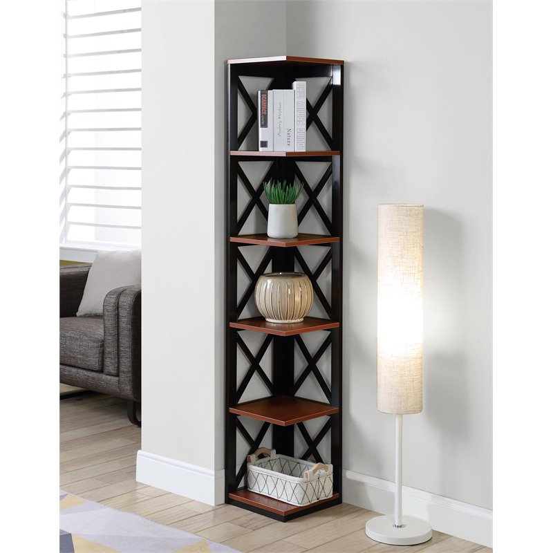 Pemberly Row Five-Tier Corner Bookshelf Bookcase in Cherry and Black Wood