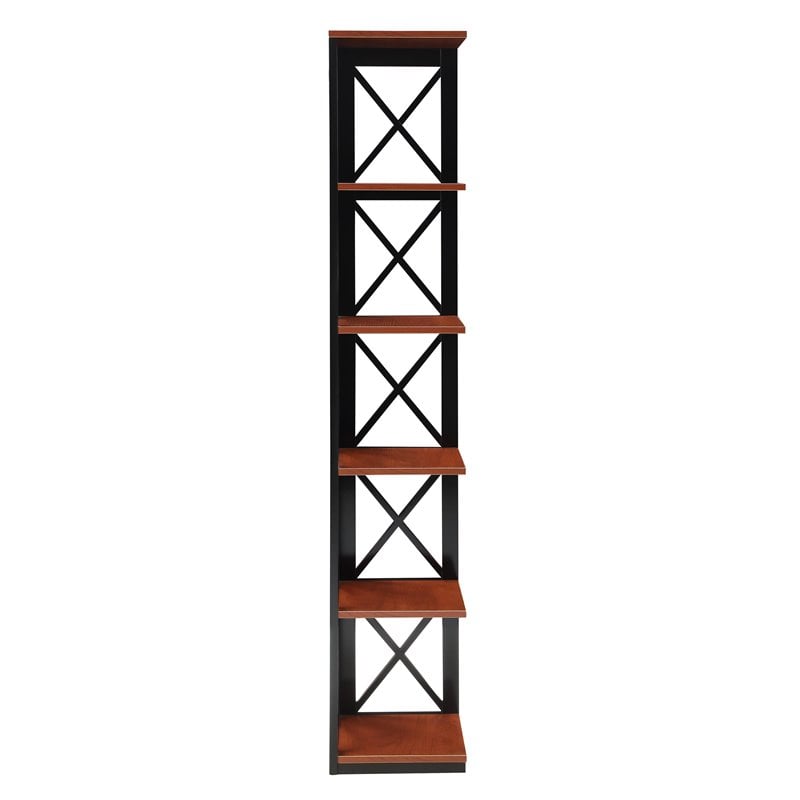 Pemberly Row Five-Tier Corner Bookshelf Bookcase in Cherry and Black Wood