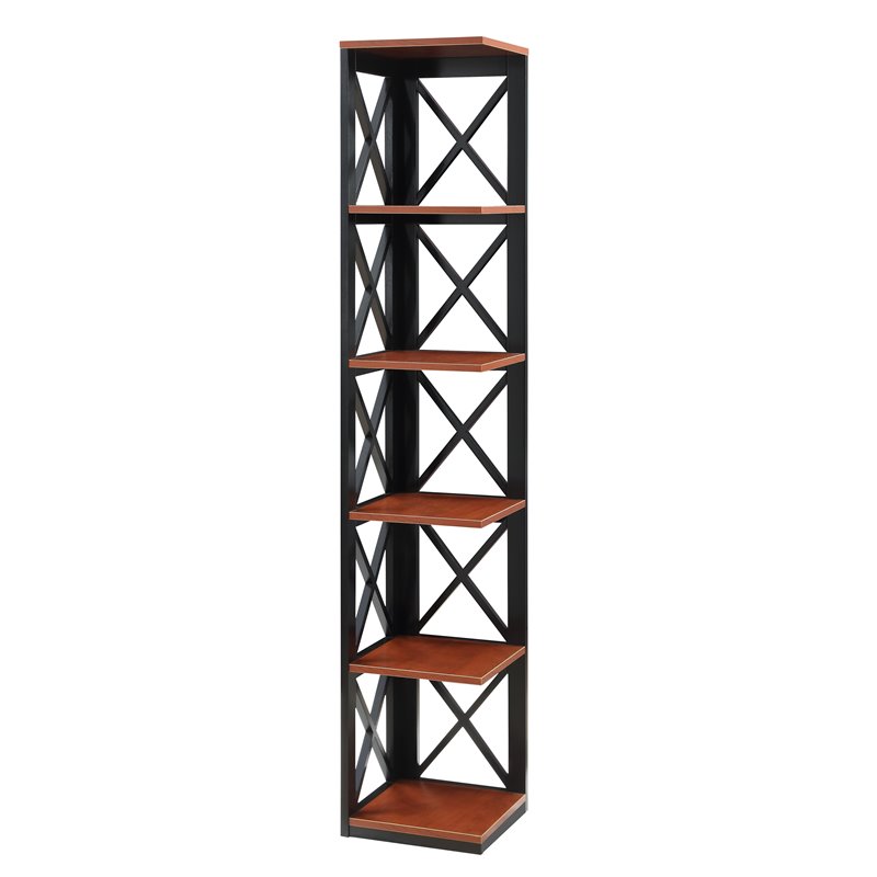 Pemberly Row Five-Tier Corner Bookshelf Bookcase in Cherry and Black Wood