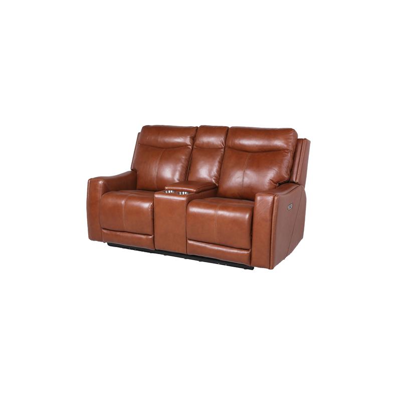 Pemberly Row Caramel Leather Power Loveseat Console Recliner