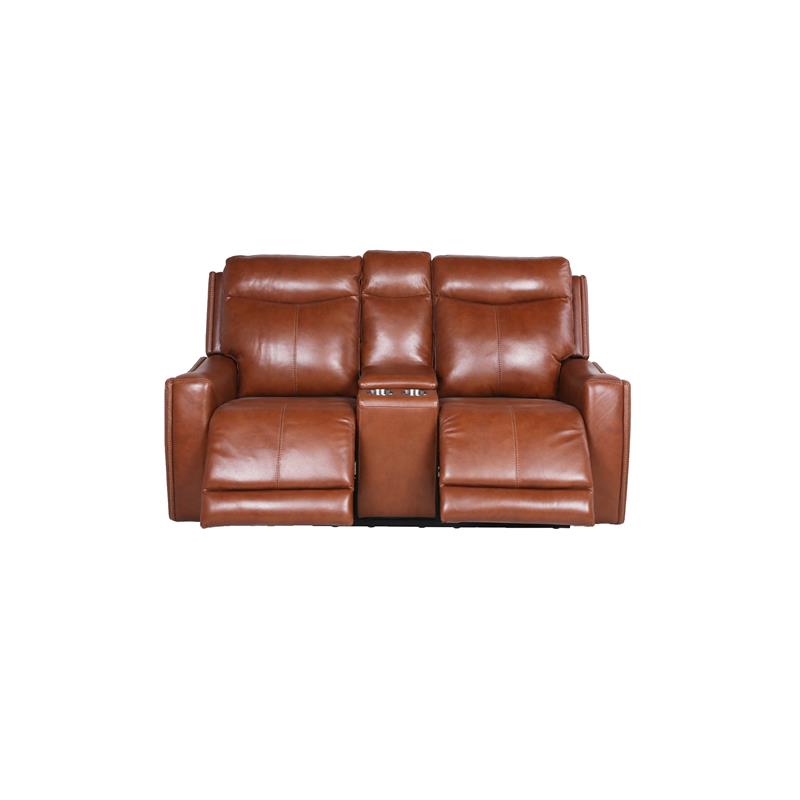 Pemberly Row Caramel Leather Power Loveseat Console Recliner