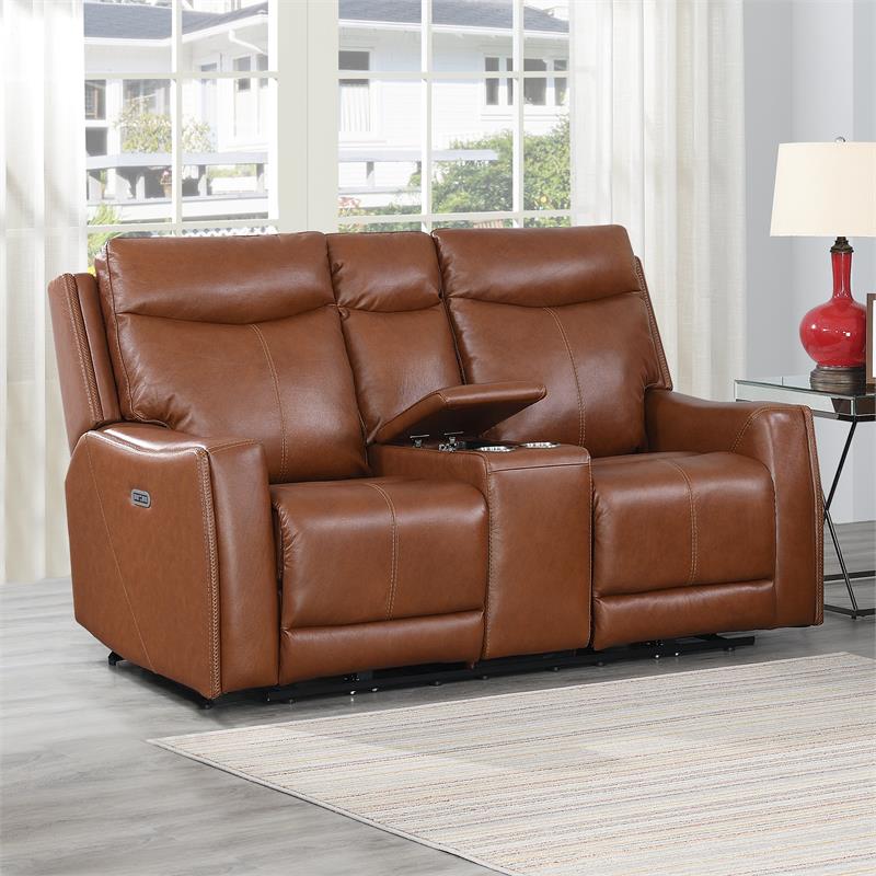 Pemberly Row Caramel Leather Power Loveseat Console Recliner
