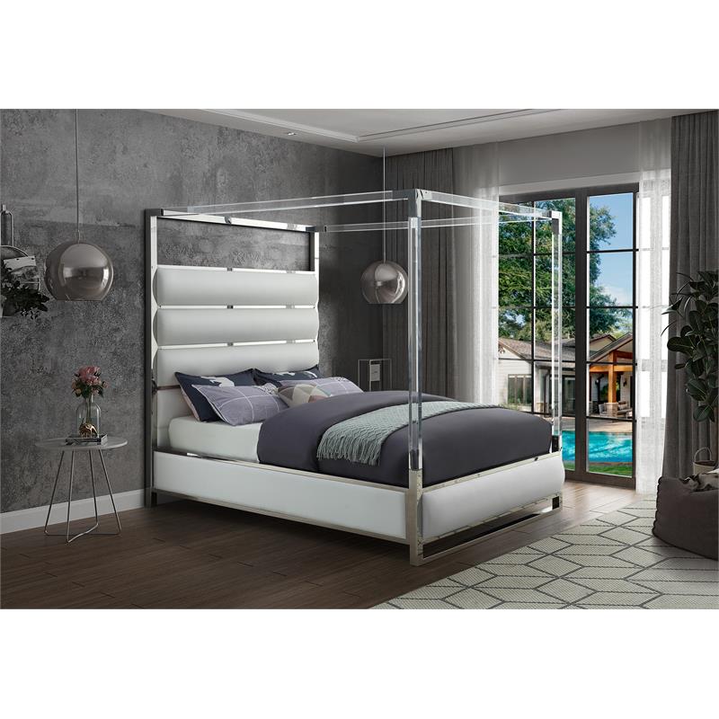 Pemberly Row Modern Solid Wood and Vegan Leather King Bed in White