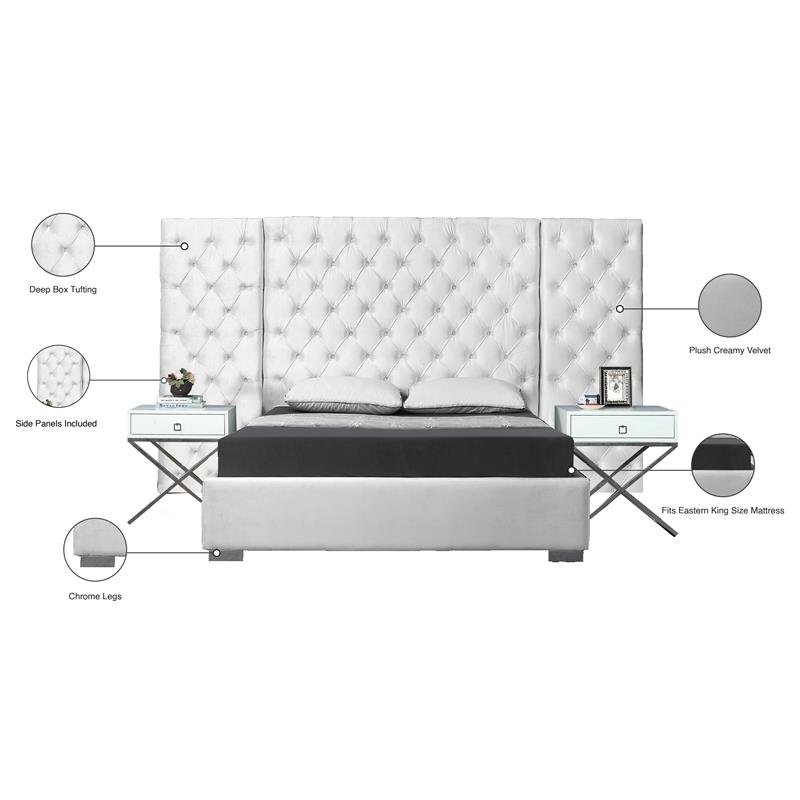 Pemberly Row Contemporary Solid Wood and Velvet King Bed in White