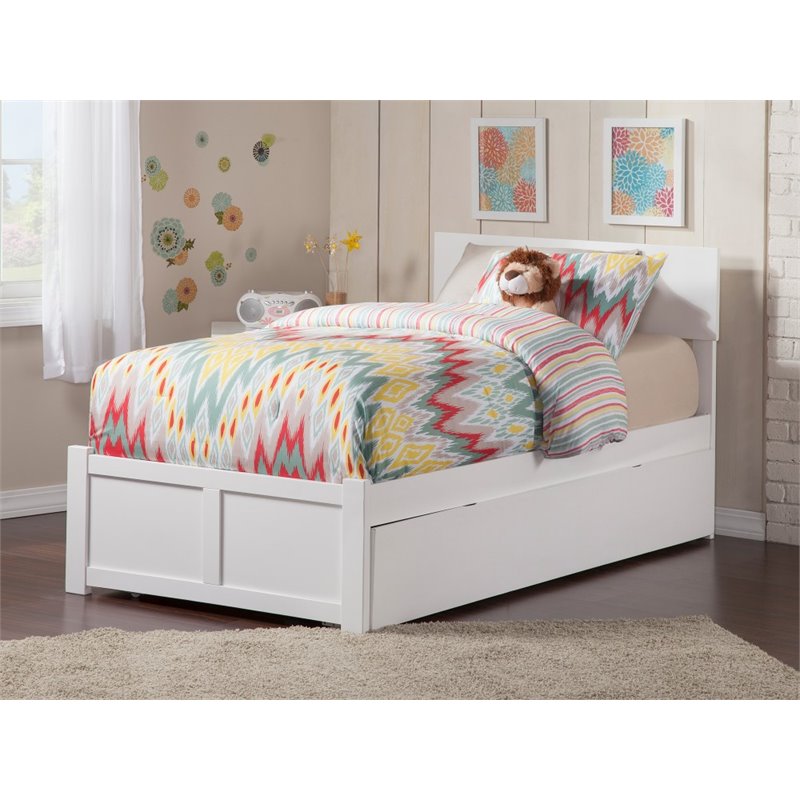 Pemberly Row Twin XL Wood Platform Bed with Footboard & Twin XL Trundle in White
