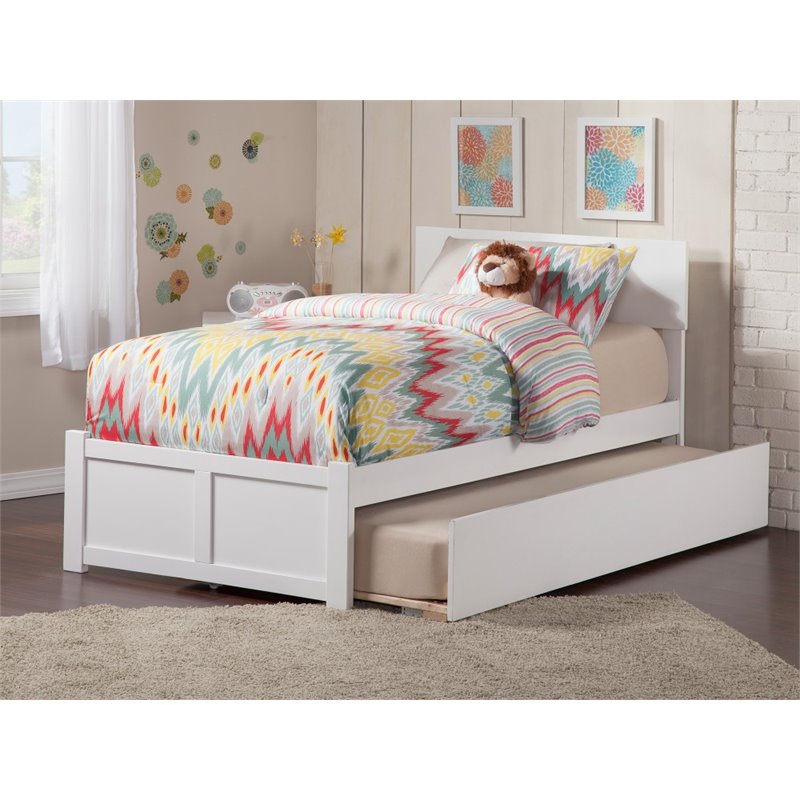Pemberly Row Twin XL Wood Platform Bed with Footboard & Twin XL Trundle in White