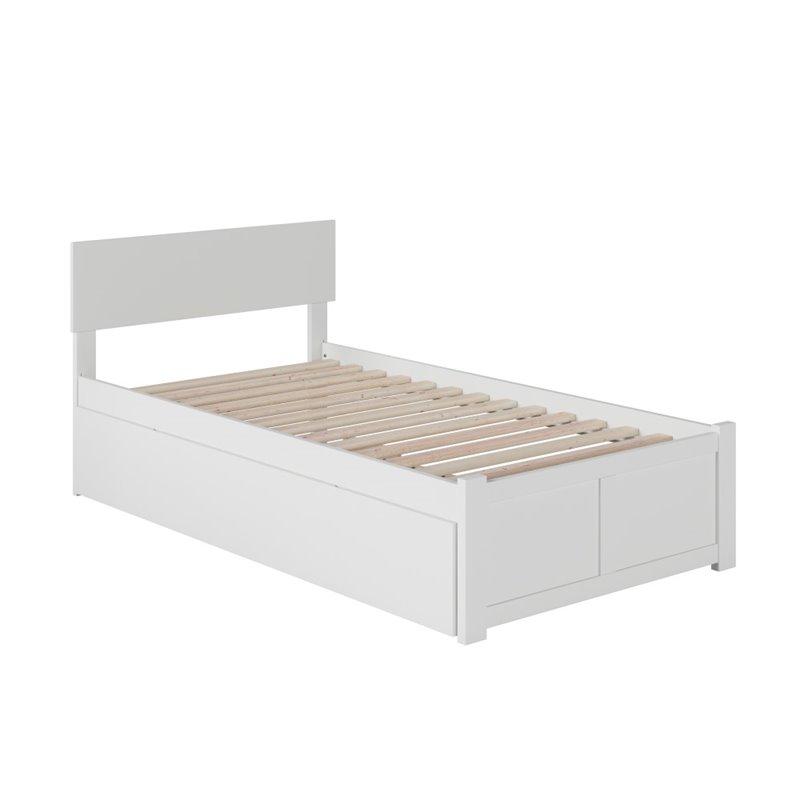 Pemberly Row Twin XL Wood Platform Bed with Footboard & Twin XL Trundle in White