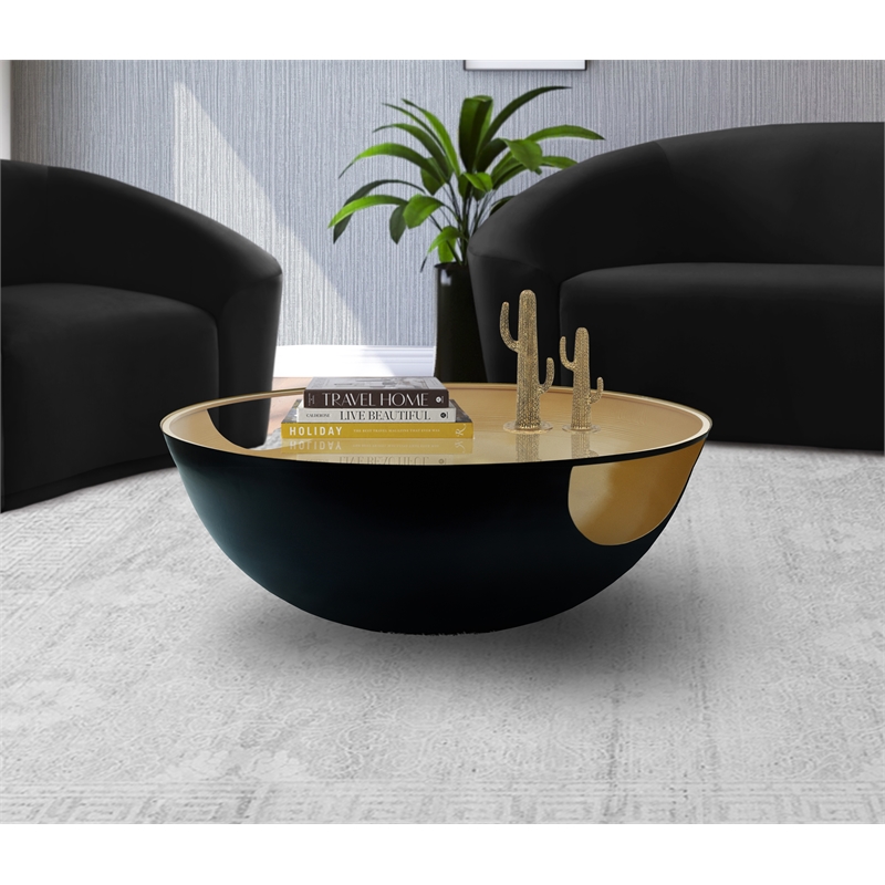 Pemberly Row Round Matte Black Metal Coffee Table with Glass Top