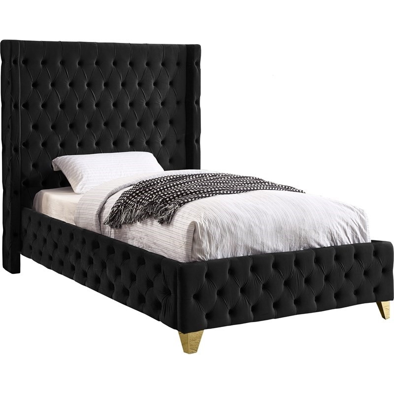 Pemberly Row Modern / Contemporary Black Finish Velvet Twin Bed
