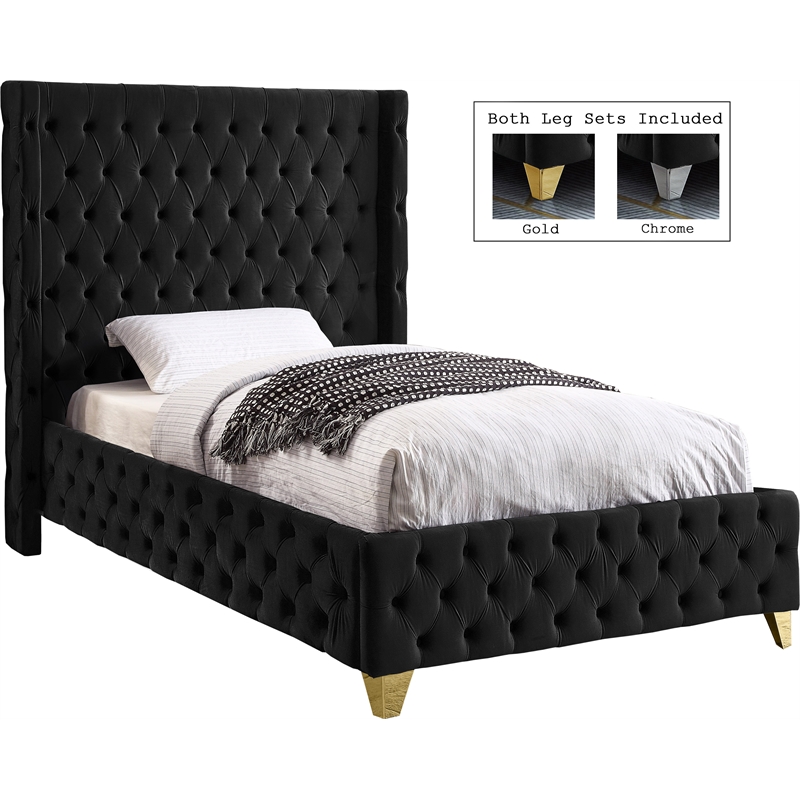 Pemberly Row Modern / Contemporary Black Finish Velvet Twin Bed