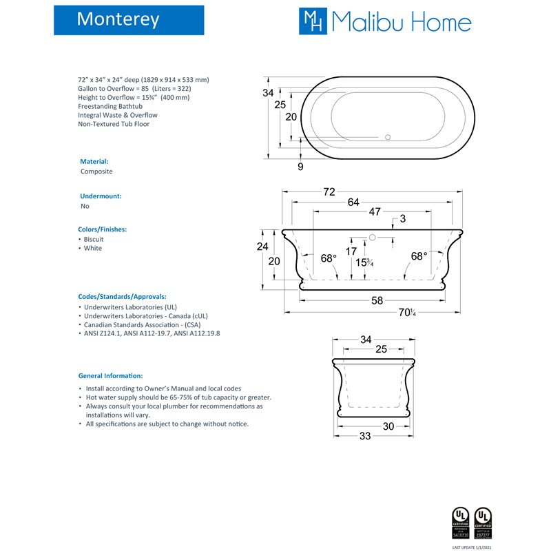 Pemberly Row Modern Oval Soaking Bathtub 72