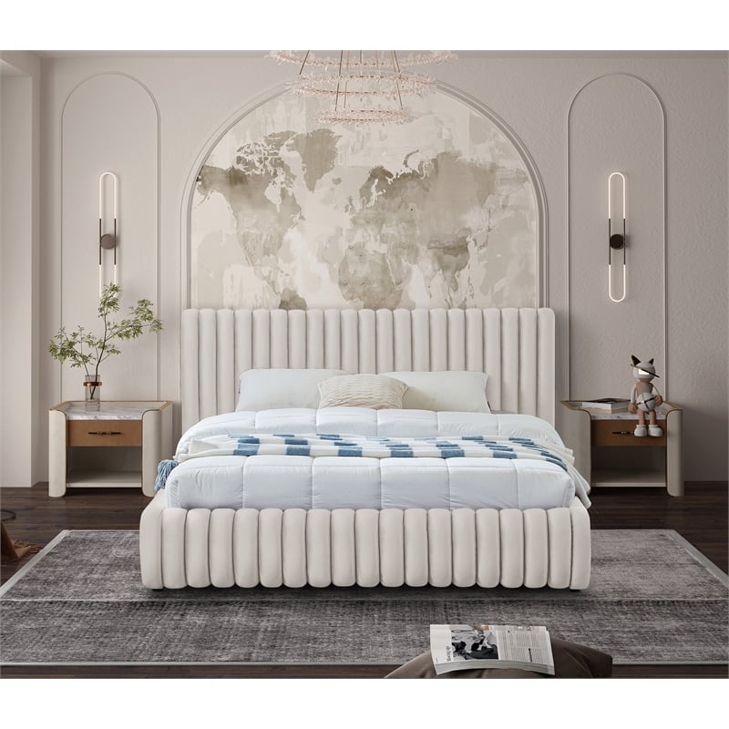 Pemberly Row Modern / Contemporary Cream Finish Velvet Queen Bed