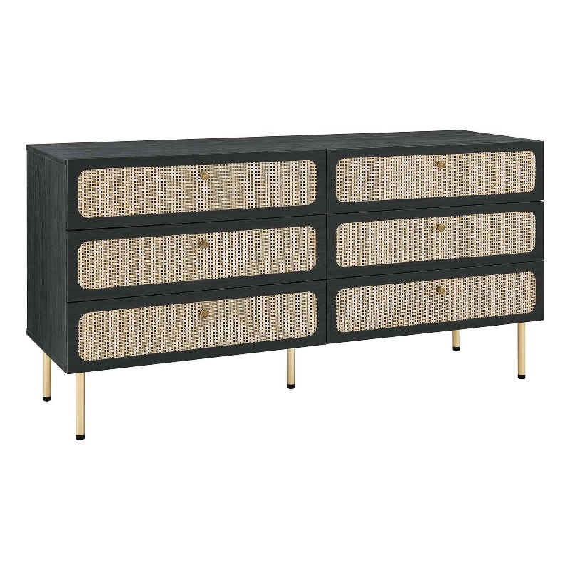 Pemberly Row 6-Drawer Particleboard and Rattan Dresser in Black