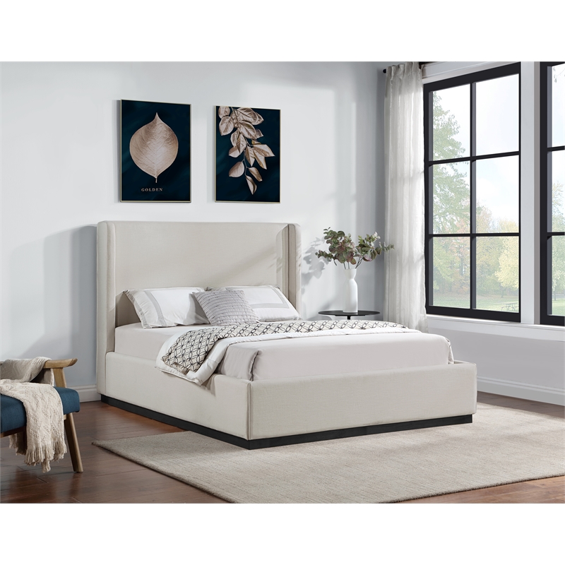 Pemberly Row Contemporary Beige Linen Textured Fabric King Bed