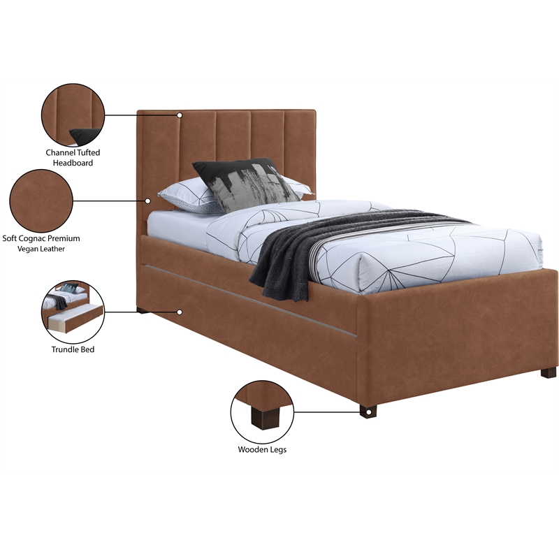 Pemberly Row Contemporary Cognac Vegan Leather Twin Trundle Bed