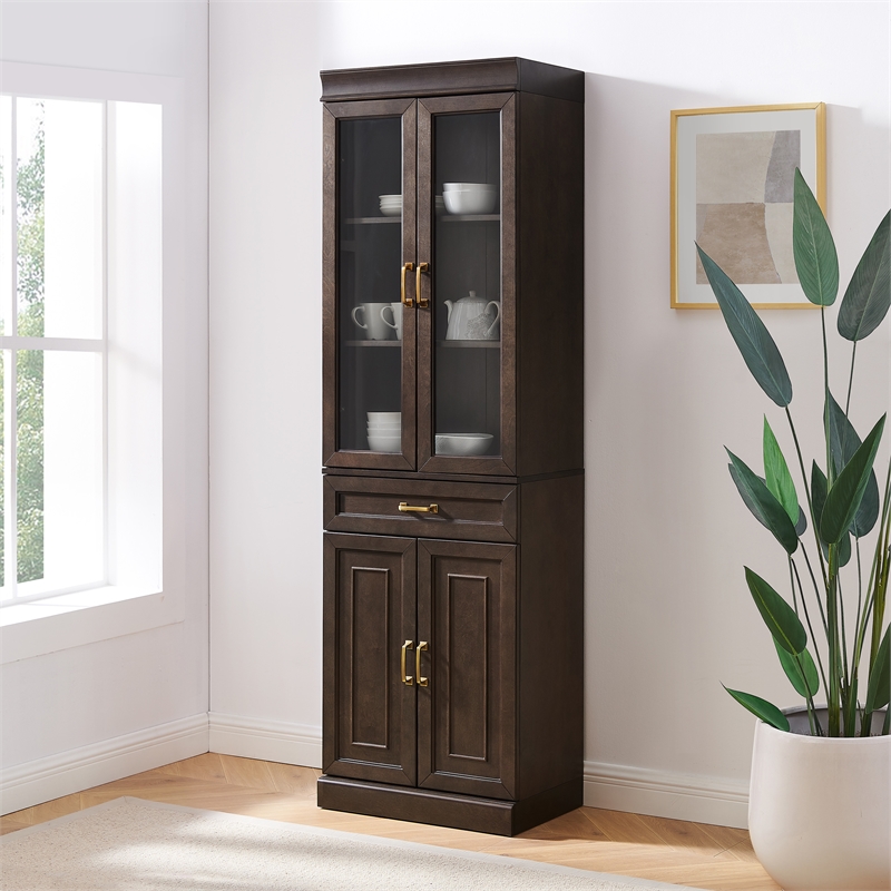 Pemberly Row Glass Door Wood Kitchen Storage Pantry in Coffee