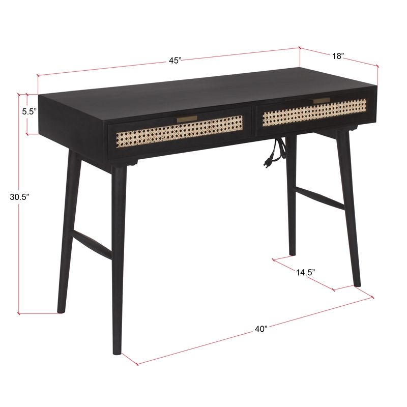 Pemberly Row Modern Solid Wood Desk w/ Built-in-Outlet in Black