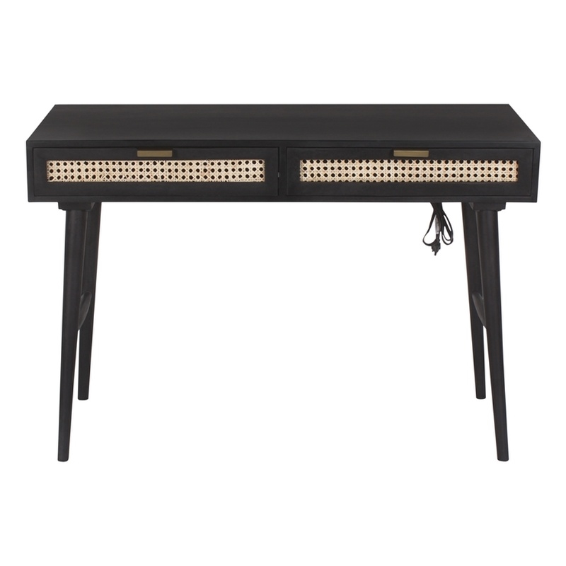 Pemberly Row Modern Solid Wood Desk w/ Built-in-Outlet in Black