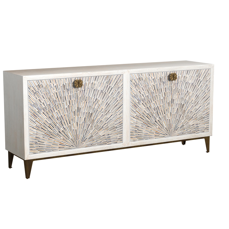 Pemberly Row Sunburst Wooden Server in White with Bone Detailing