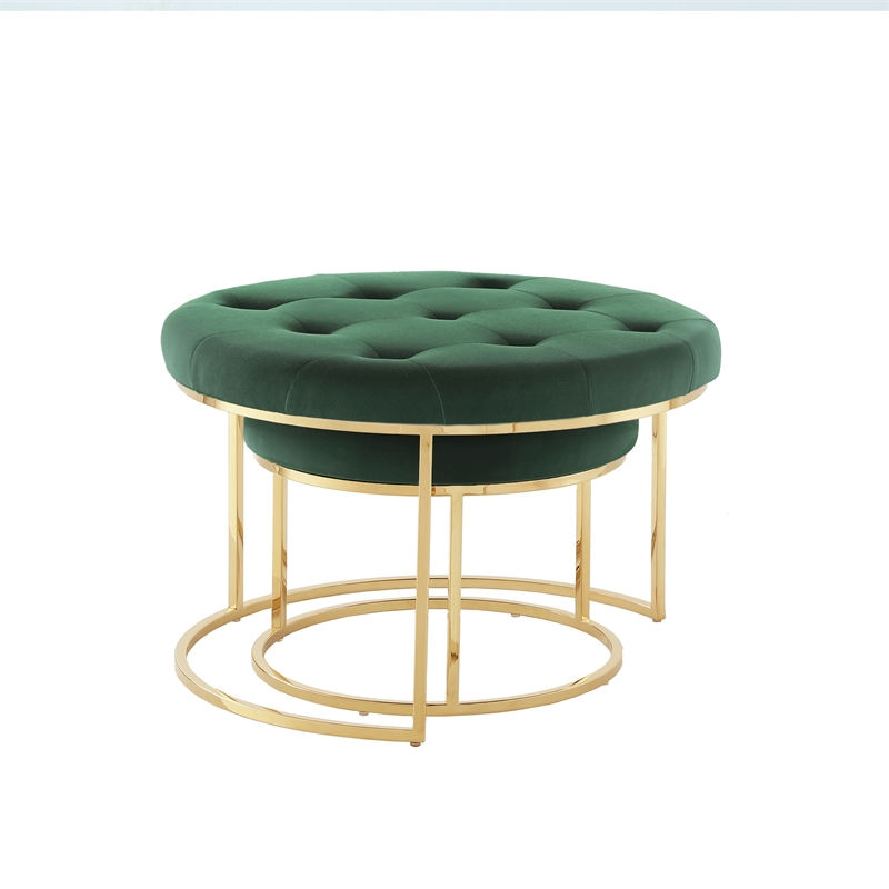 Pemberly Row Tufted Velvet Nesting Ottoman in Green/Gold (Set of 2)