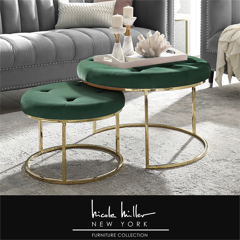 Pemberly Row Tufted Velvet Nesting Ottoman in Green/Gold (Set of 2)