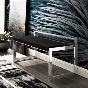 Pemberly Row Velvet and Stainless Steel Base Bench in Black/Chrome
