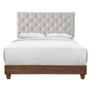 Pemberly Row Diamond Tufted Upholstered Fabric Wood Queen Bed in Walnut/Beige