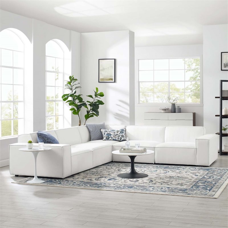 Pemberly Row 5-Piece Modern Fabric Upholstered Sectional Sofa in White