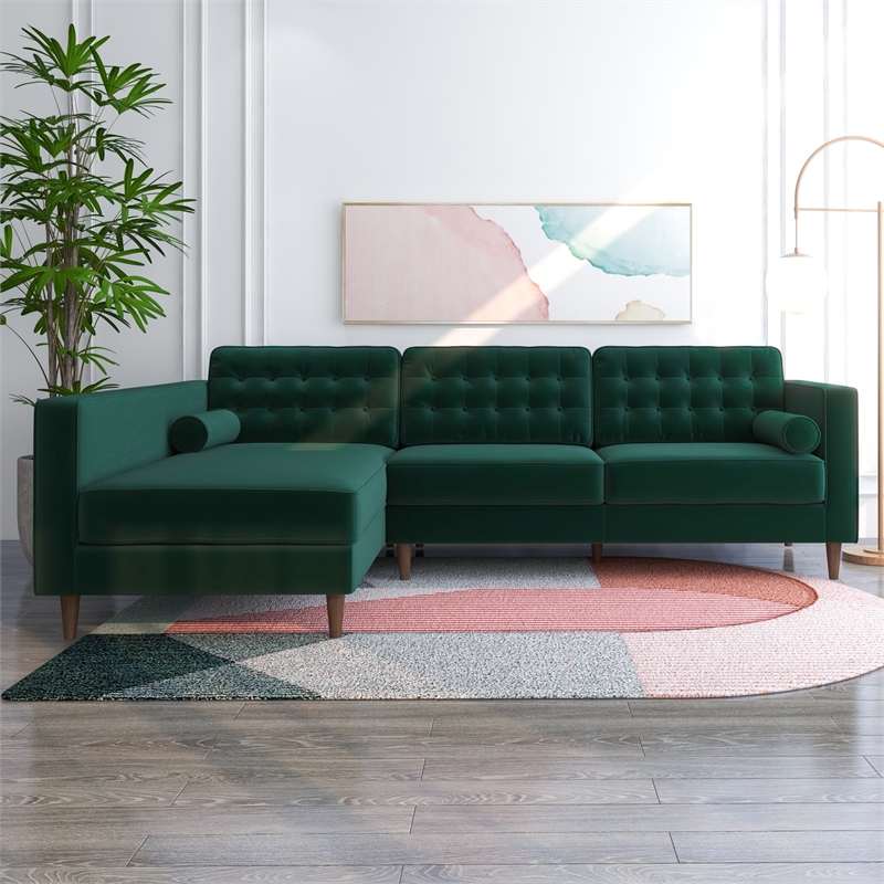 Pemberly Row L-Shaped Pillow Back Velvet Left-Facing Sectional - Green
