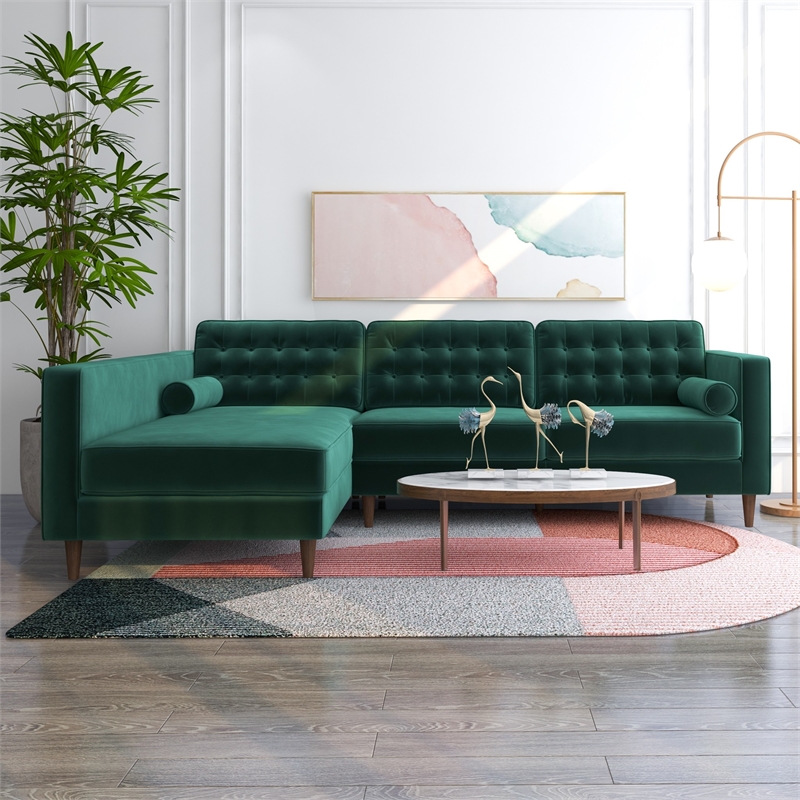 Pemberly Row L-Shaped Pillow Back Velvet Left-Facing Sectional - Green
