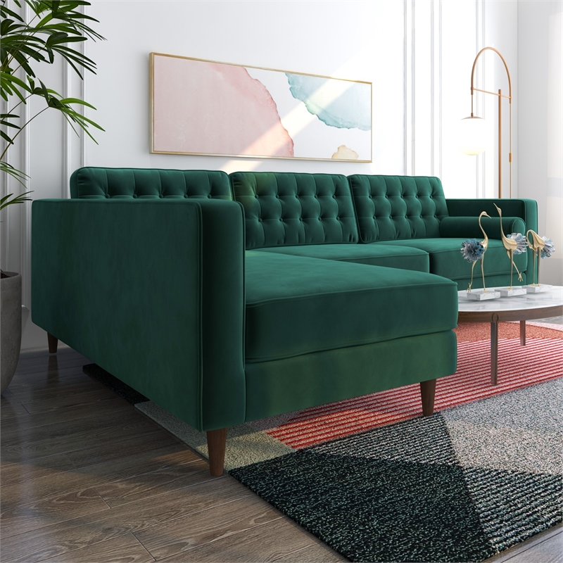 Pemberly Row L-Shaped Pillow Back Velvet Left-Facing Sectional - Green